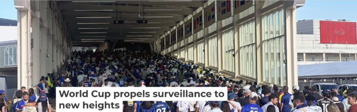 Under the watchful eye of surveillance cameras, fans leave after the France-Senegal World Cup match in East Rutherford, N.J., on June 16, 2026. AP Photo/Ted Shaffrey